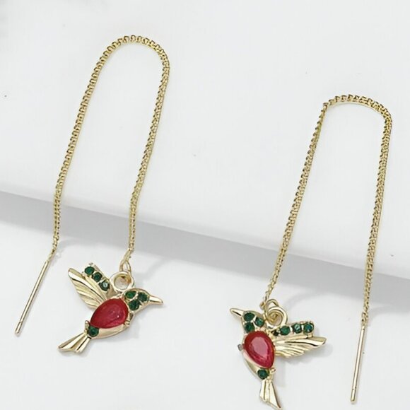 New NWT Pink Red & Green Gold Hummingbird Dangle Drop Chain Pierced Earrings - Picture 1 of 3